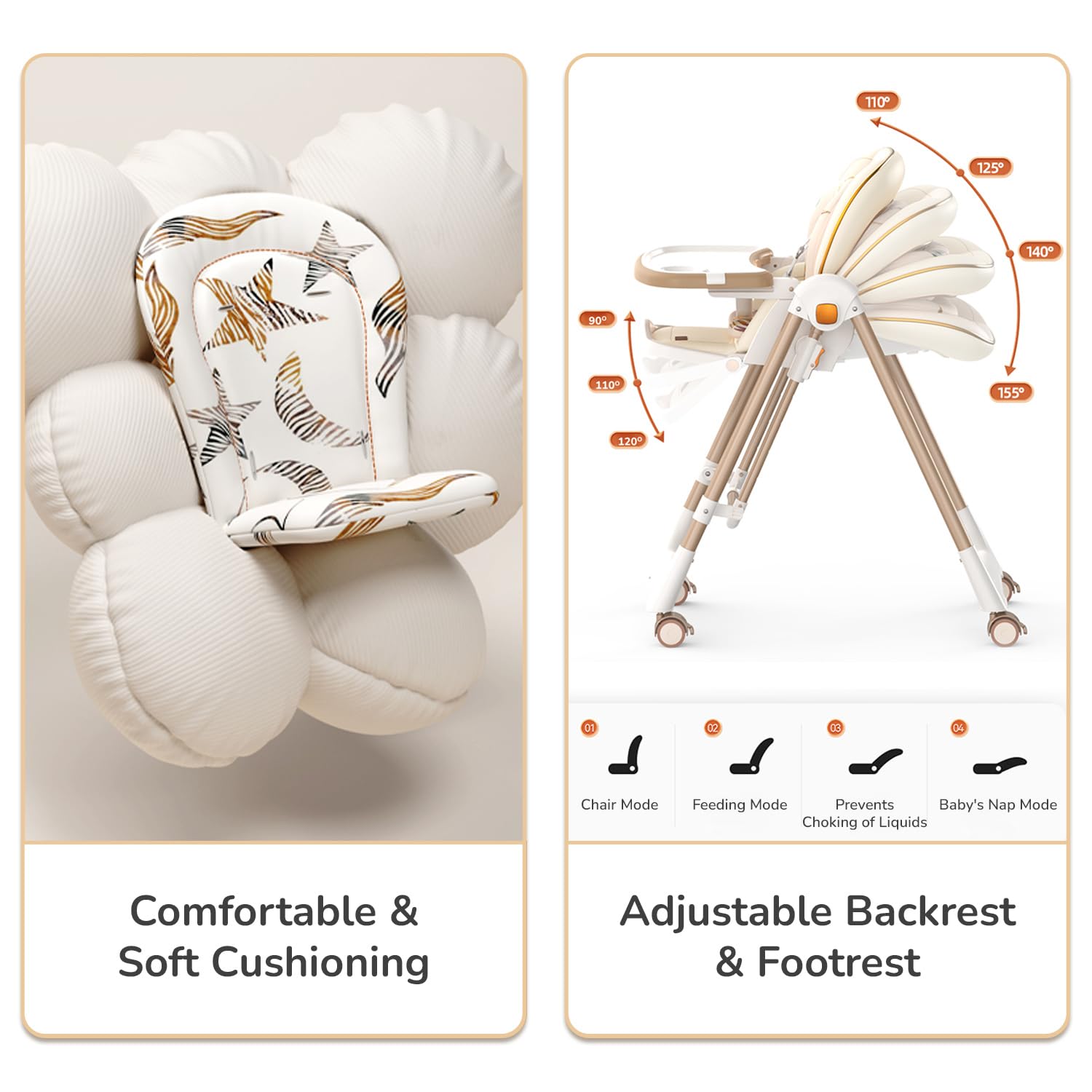 Modern baby high chair with adjustable tray and a separate baby swing/bouncer, both in a neutral cream and beige color scheme. Features happy babies using the multi-functional seating, perfect for a nursery or living room." www.usmile.com